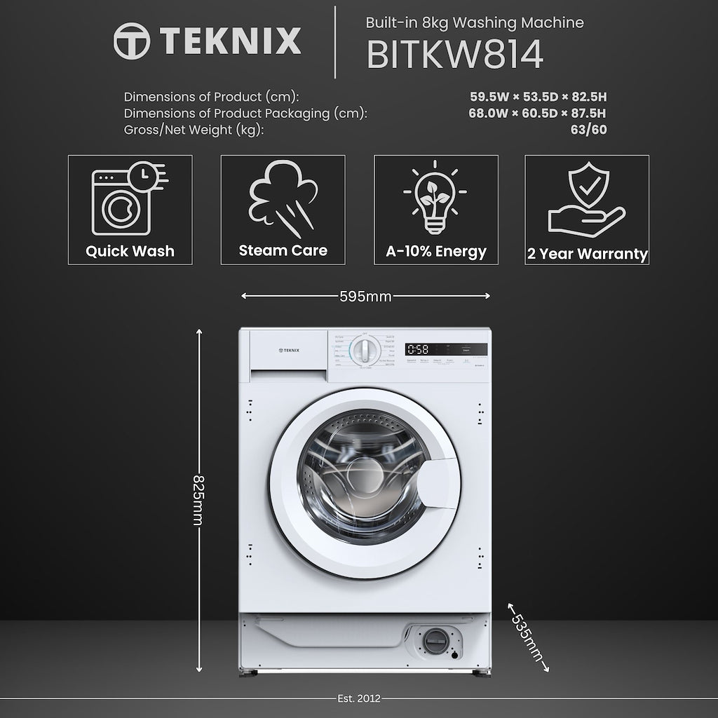 Teknix BITKW814 Integrated 8kg Washing Machine with 1400rpm Spin - White