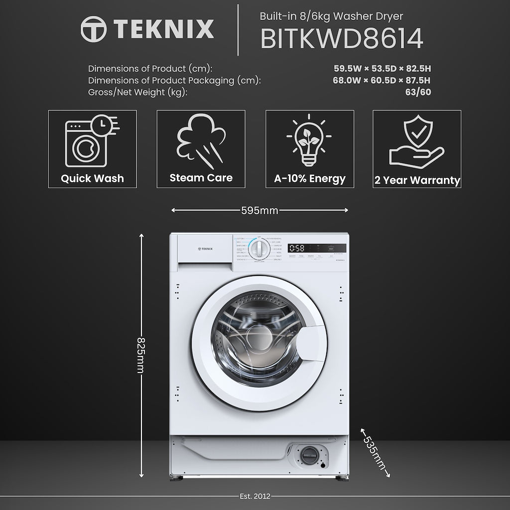 Teknix BITKWD8614 Integrated 8/6kg Washer Dryer with 1400rpm Spin - White