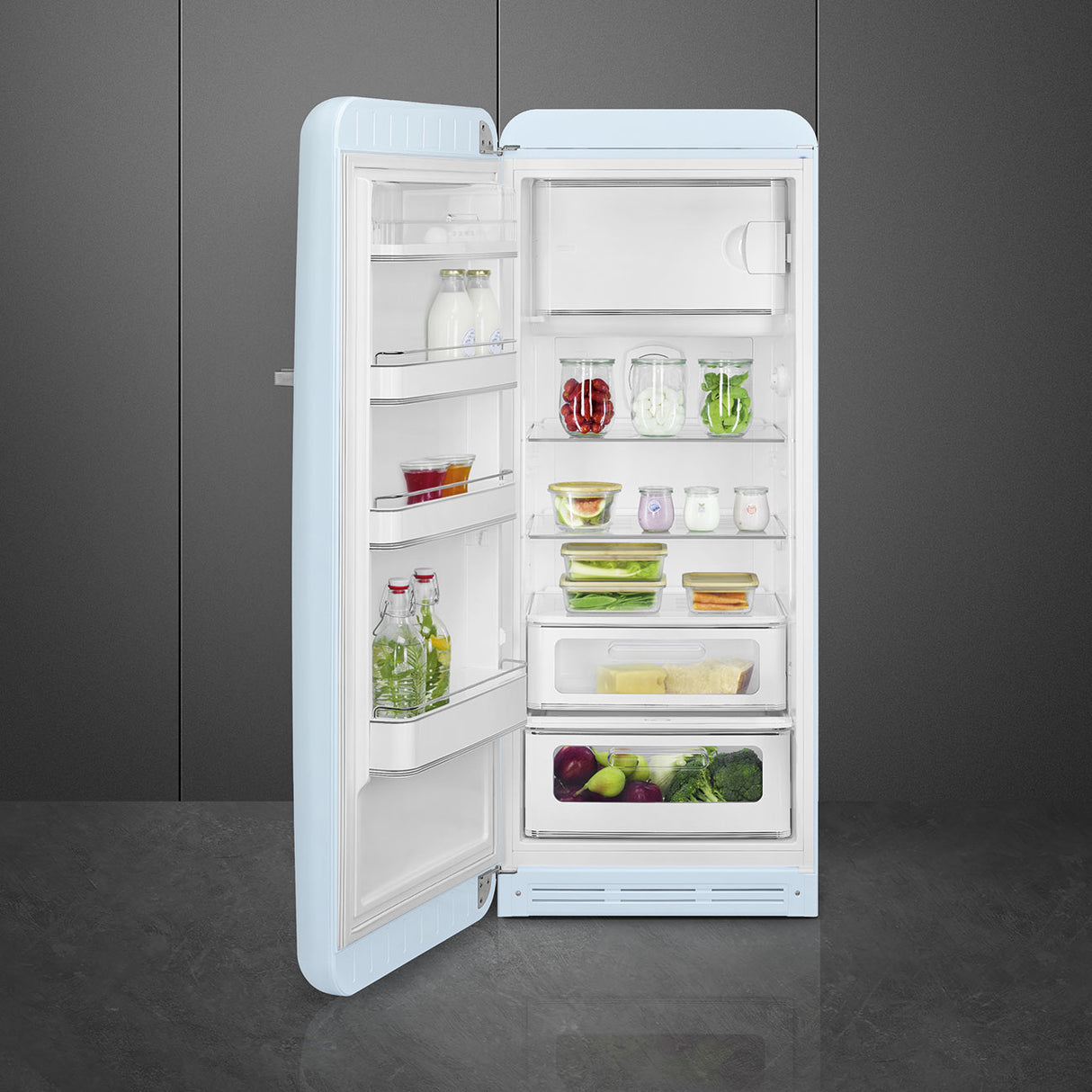 Smeg FAB28LPB6UK Retro Fridge with Icebox Left Hand Hinge - Pastel Blue