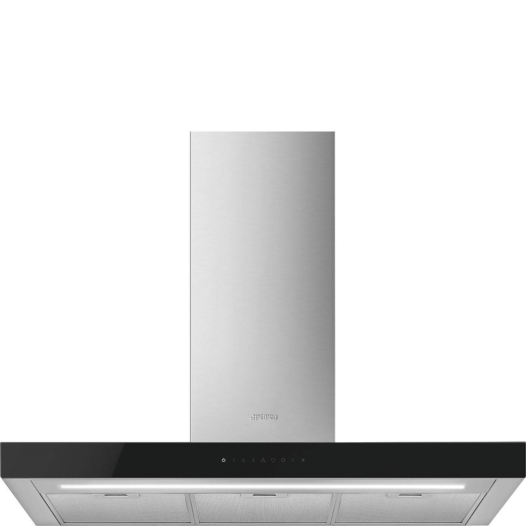 Smeg KBT9L4VN 90cm Chimney Hood, Stainless Steel with Black Glass Facia Auto