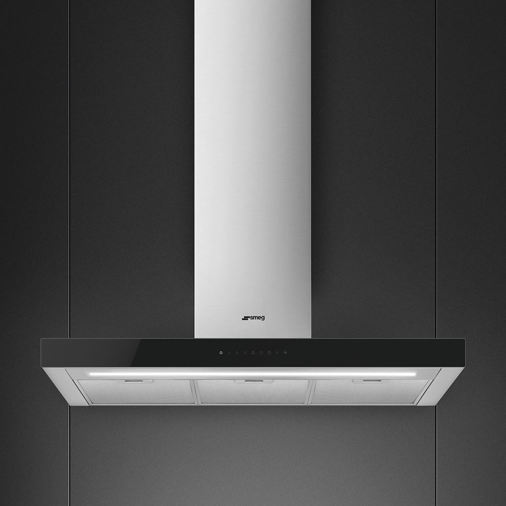 Smeg KBT9L4VN 90cm Chimney Hood, Stainless Steel with Black Glass Facia Auto