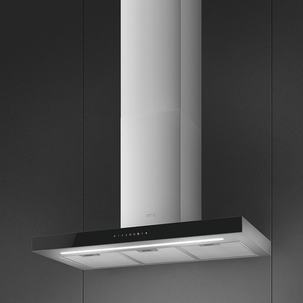 Smeg KBT9L4VN 90cm Chimney Hood, Stainless Steel with Black Glass Facia Auto