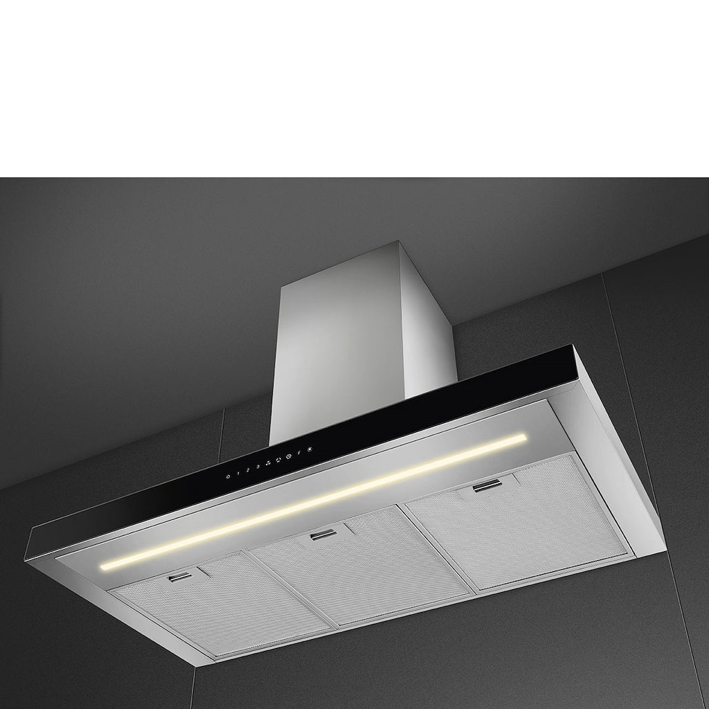 Smeg KBT9L4VN 90cm Chimney Hood, Stainless Steel with Black Glass Facia Auto
