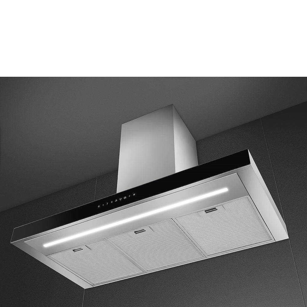 Smeg KBT9L4VN 90cm Chimney Hood, Stainless Steel with Black Glass Facia Auto