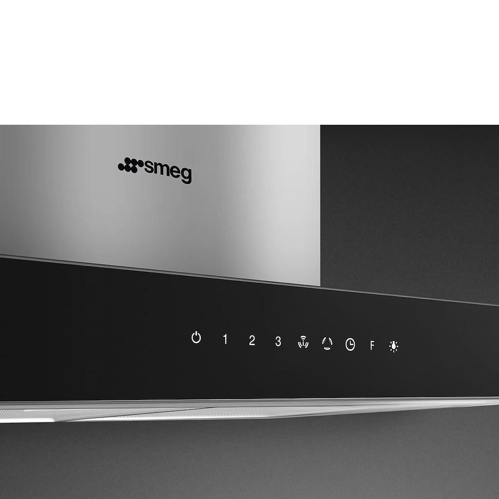 Smeg KBT9L4VN 90cm Chimney Hood, Stainless Steel with Black Glass Facia Auto