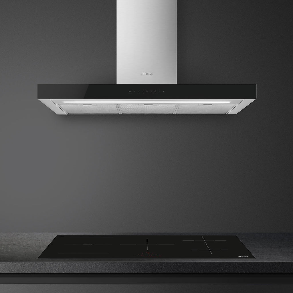 Smeg KBT9L4VN 90cm Chimney Hood, Stainless Steel with Black Glass Facia Auto