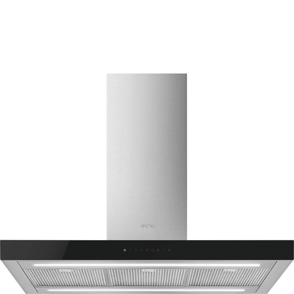 Smeg KBTI9L4VN 90cm Island Hood, Stainless Steel with Black Glass Facia Auto