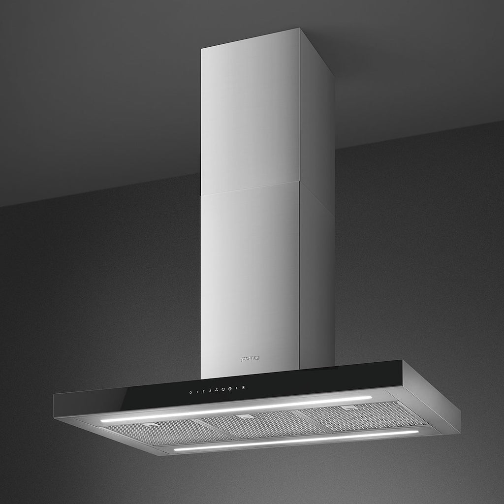 Smeg KBTI9L4VN 90cm Island Hood, Stainless Steel with Black Glass Facia Auto