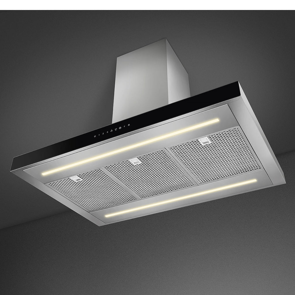 Smeg KBTI9L4VN 90cm Island Hood, Stainless Steel with Black Glass Facia Auto