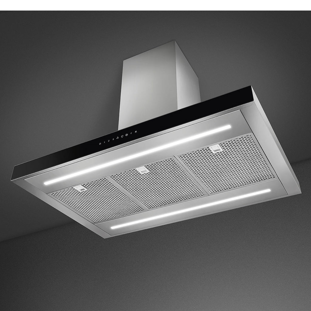 Smeg KBTI9L4VN 90cm Island Hood, Stainless Steel with Black Glass Facia Auto