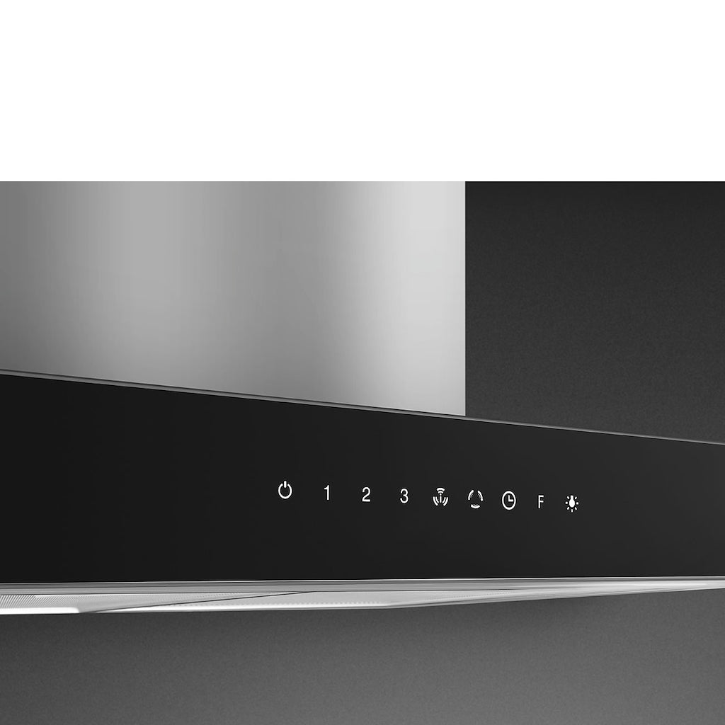 Smeg KBTI9L4VN 90cm Island Hood, Stainless Steel with Black Glass Facia Auto