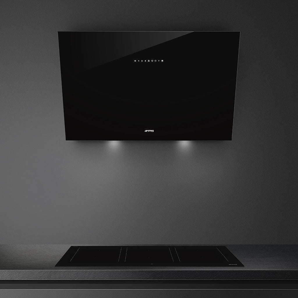 Smeg KV394N 90cm Angled Chimney Hood in Black Glass Auto Vent 2.0