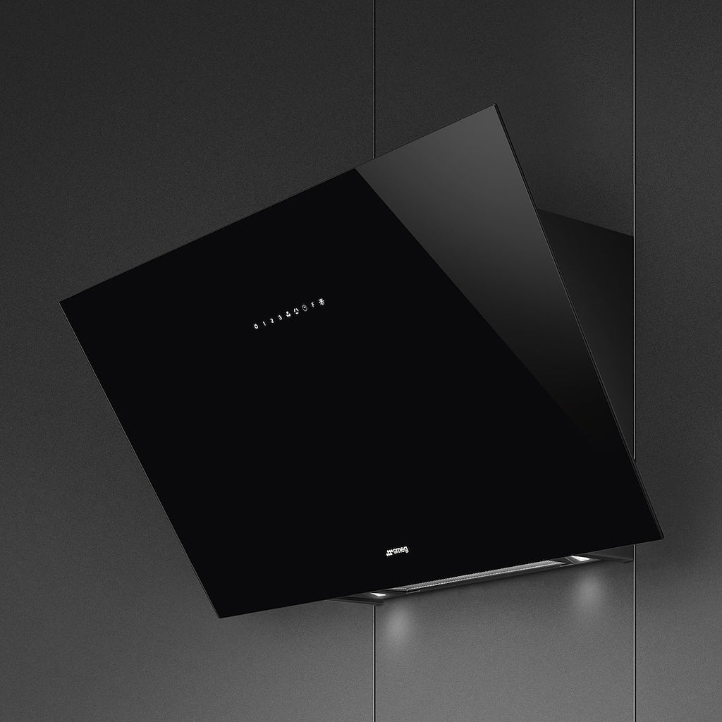 Smeg KV394N 90cm Angled Chimney Hood in Black Glass Auto Vent 2.0
