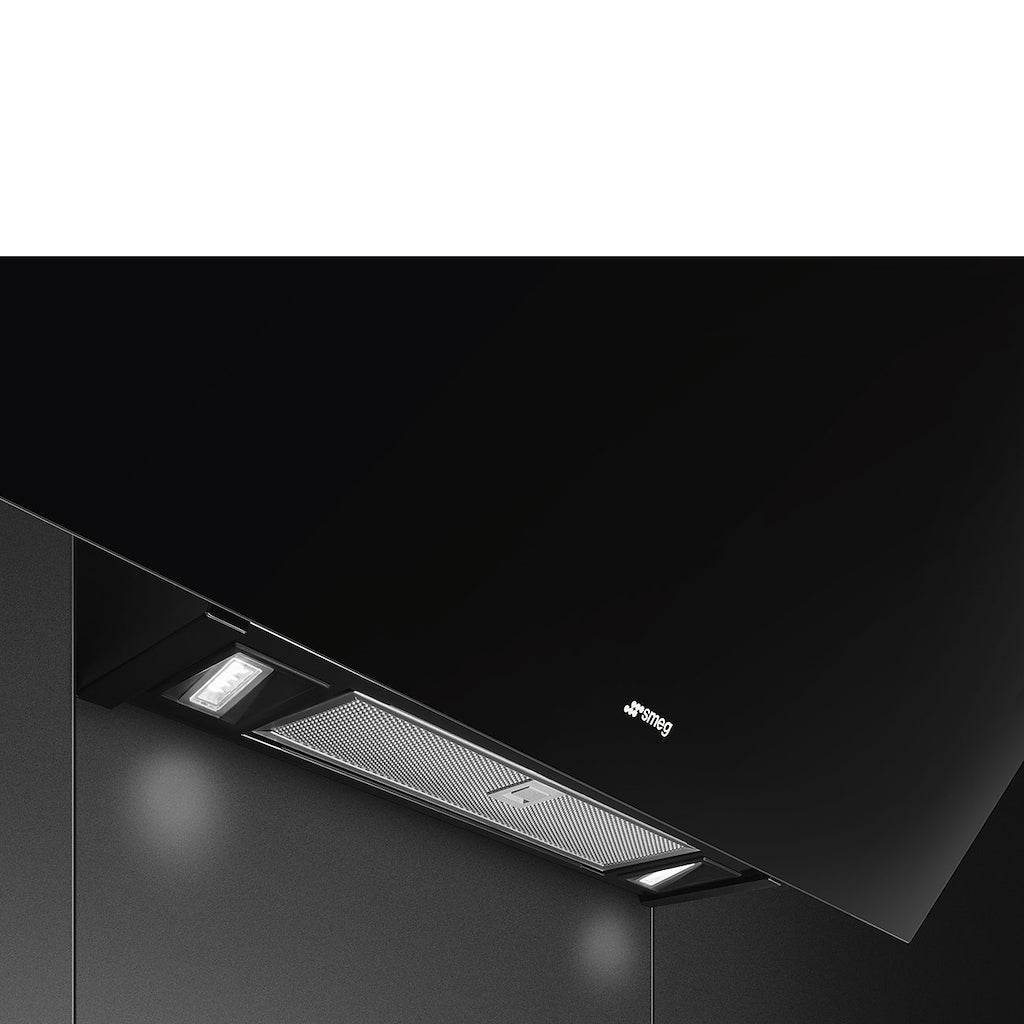 Smeg KV394N 90cm Angled Chimney Hood in Black Glass Auto Vent 2.0
