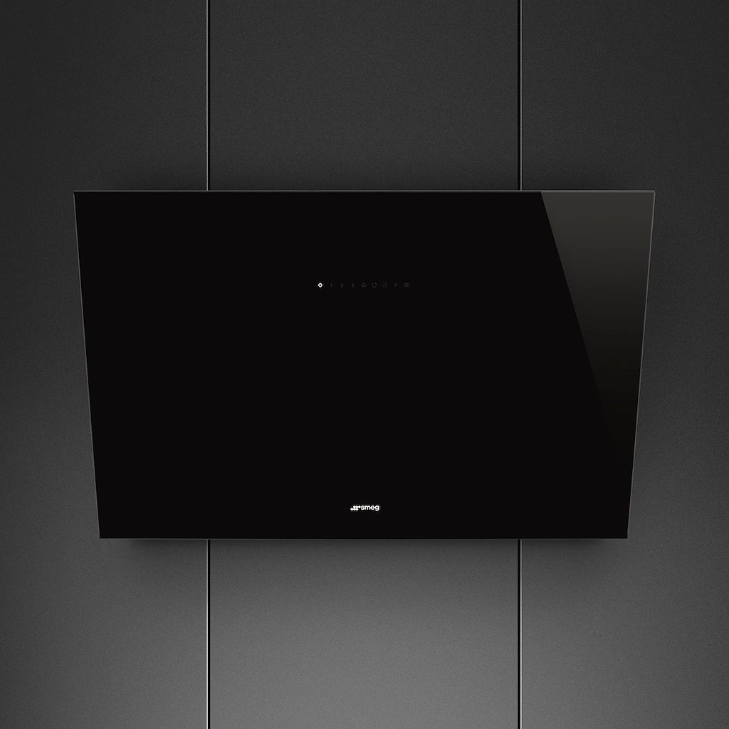 Smeg KV394N 90cm Angled Chimney Hood in Black Glass Auto Vent 2.0