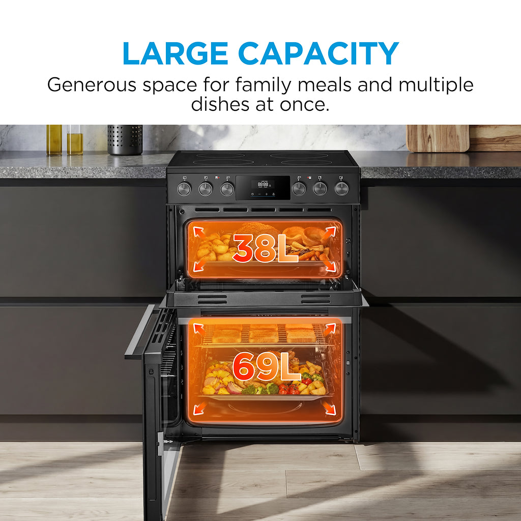 Midea MFO24EME4R118-BK 60cm Double Oven FS Cooker with Ceramic Hob - Black - AA Rated