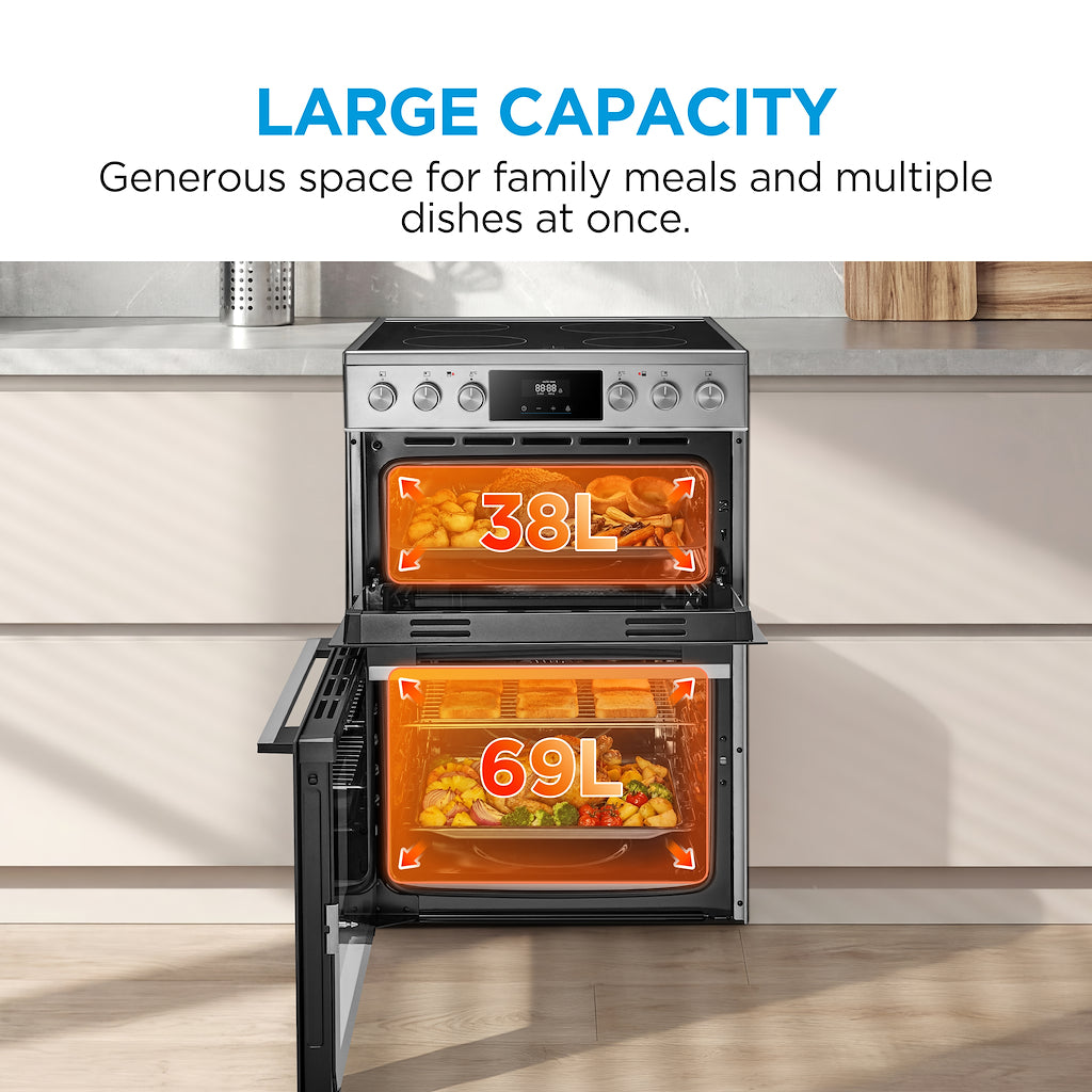 Midea MFO24EME4R118-SS 60cm Double Oven FS Cooker with Ceramic Hob - Stainless Steel - AA Rated