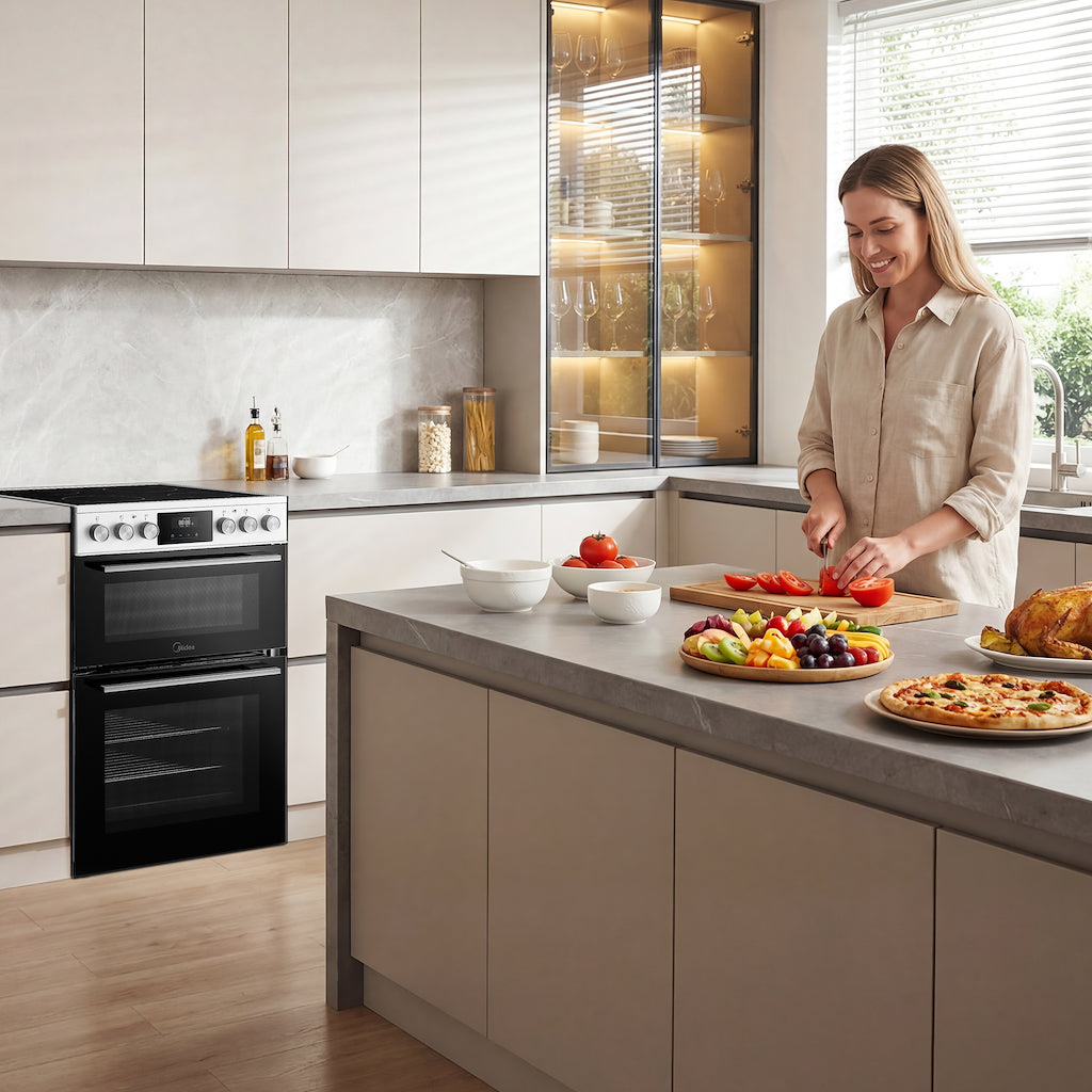 Midea MFO24EME4R118-WH 60cm Double Oven FS Cooker with Ceramic Hob - White - AA Rated