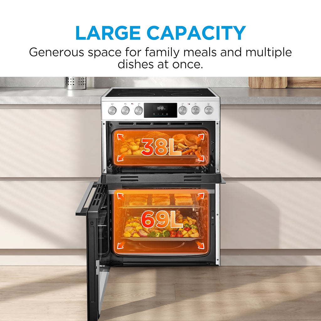 Midea MFO24EME4R118-WH 60cm Double Oven FS Cooker with Ceramic Hob - White - AA Rated