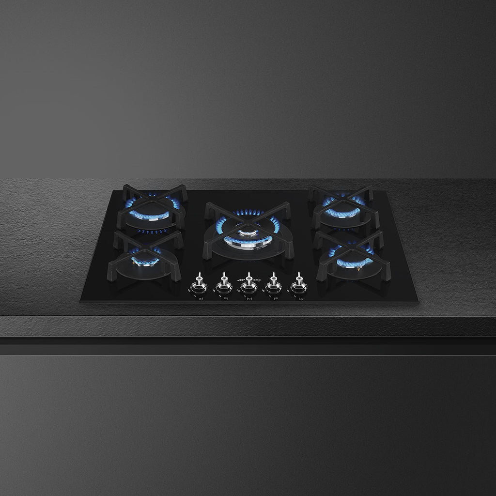 Smeg PV375N 75cm Classic Gas Hob in Black Gas on Glass on Steel