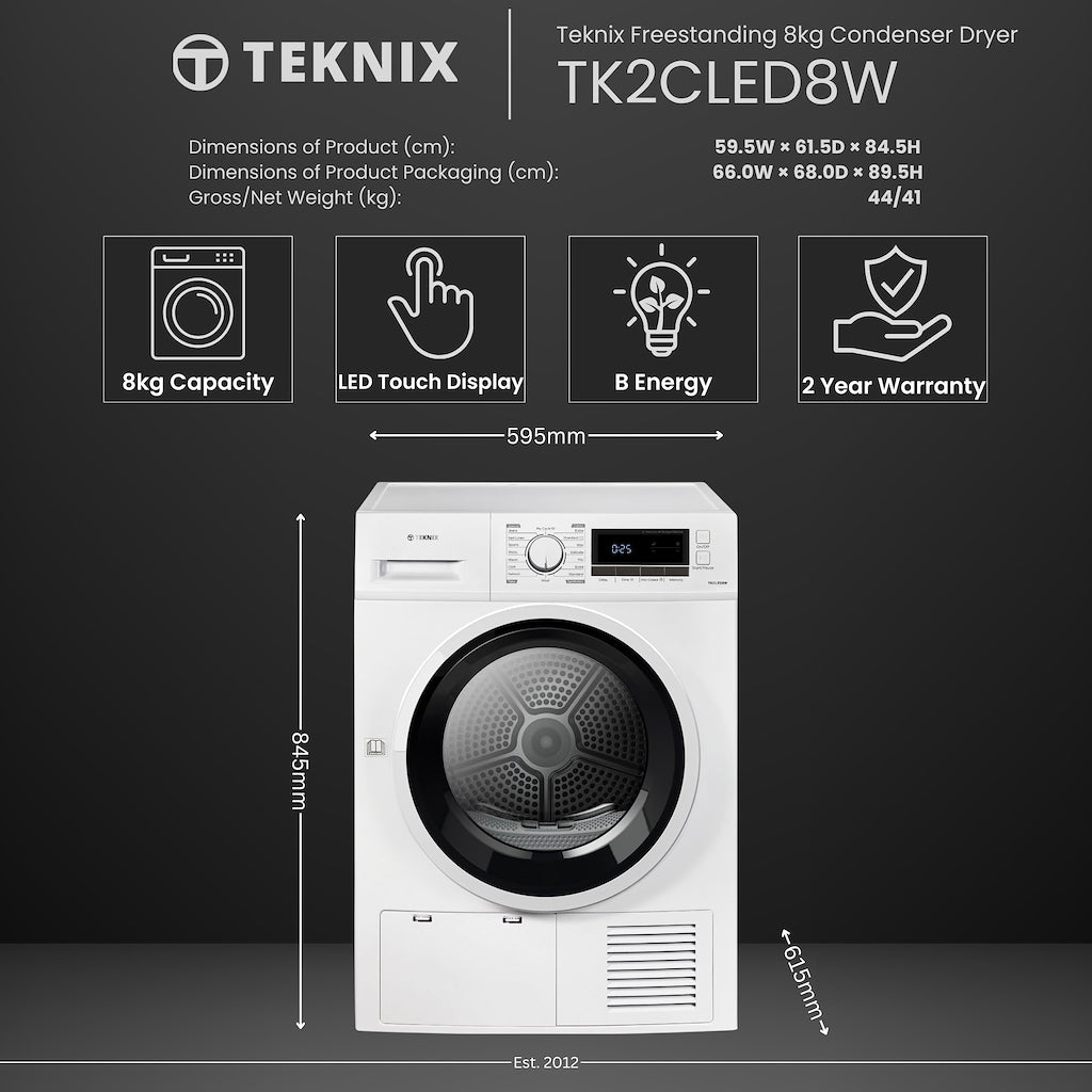 Teknix TK2CLED8W 8kg Condenser Tumble Dryer - White