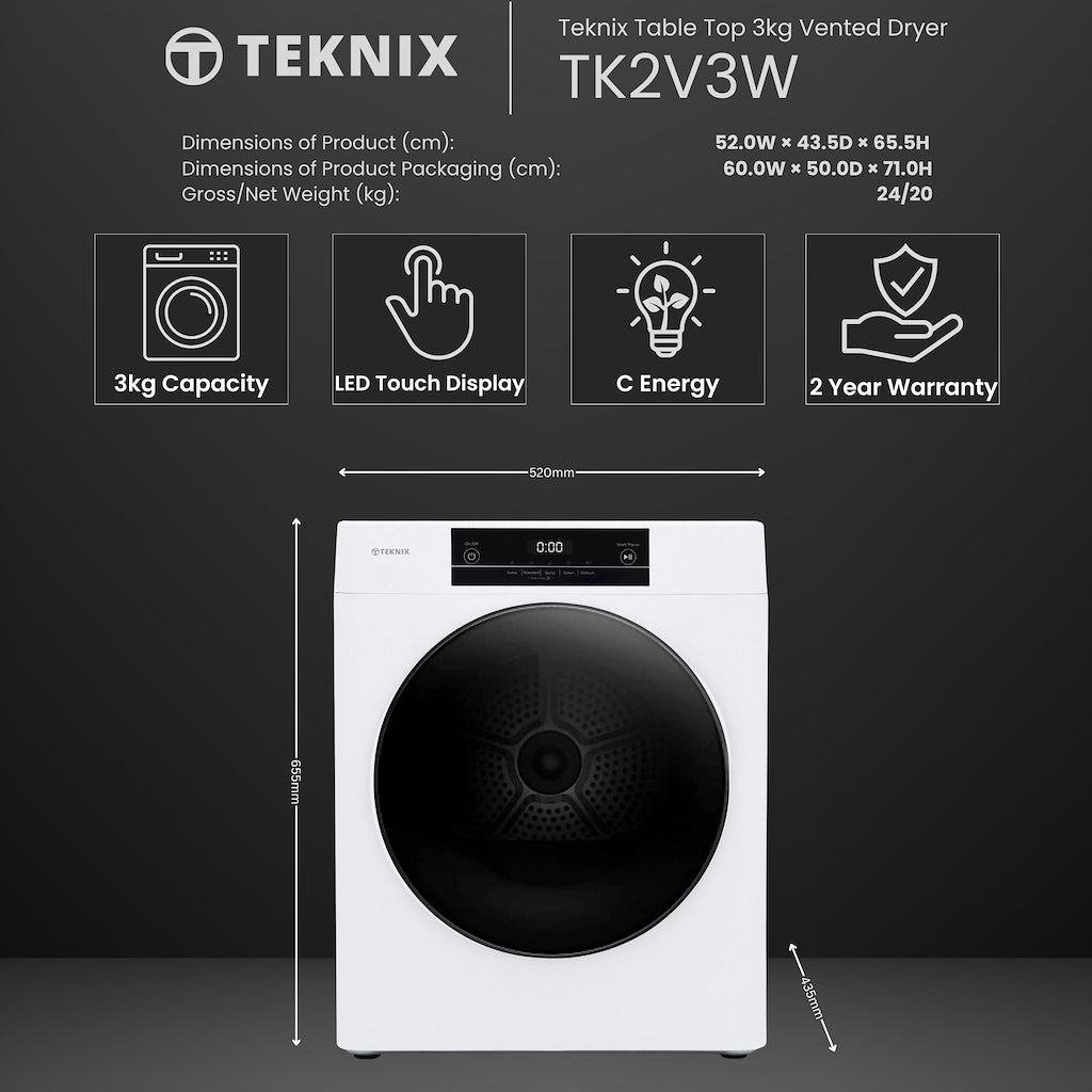 Teknix TK2V3W Compact 3kg Vented Tumble Dryer - White