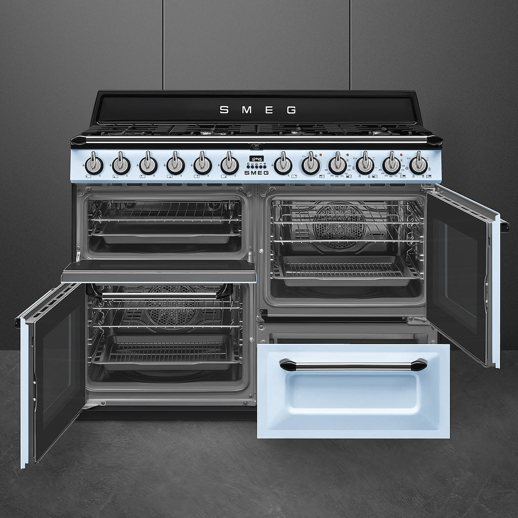 Smeg TR4110AZ 110cm Victoria Dual Fuel Range Cooker, Pastel Blue
