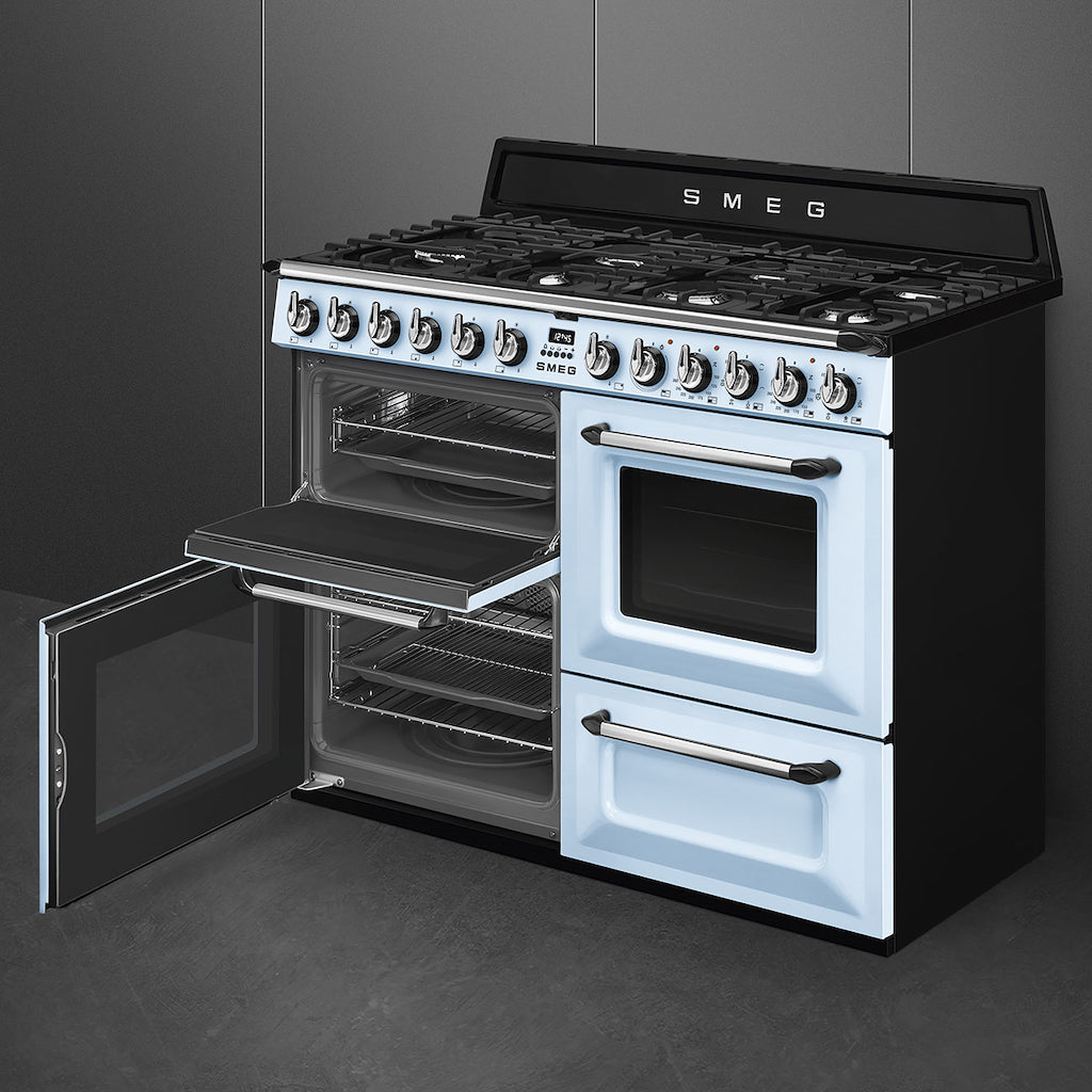 Smeg TR4110AZ 110cm Victoria Dual Fuel Range Cooker, Pastel Blue