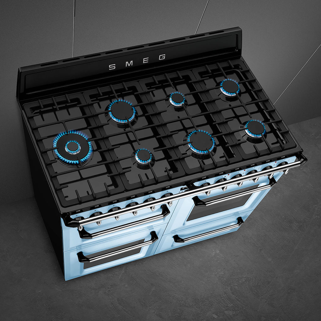 Smeg TR4110AZ 110cm Victoria Dual Fuel Range Cooker, Pastel Blue