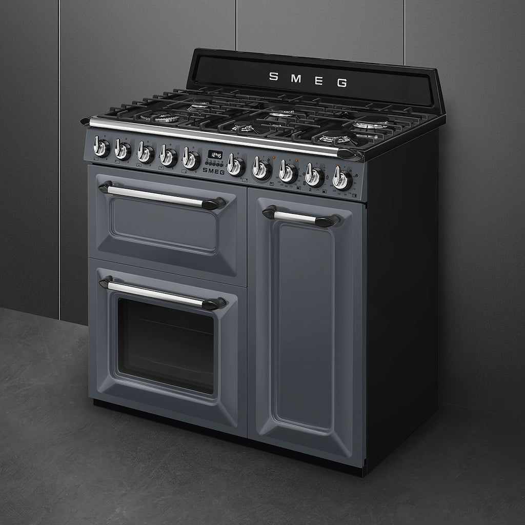 Smeg TR93GR 90cm Victoria Dual Fuel Range Cooker, Slate Grey