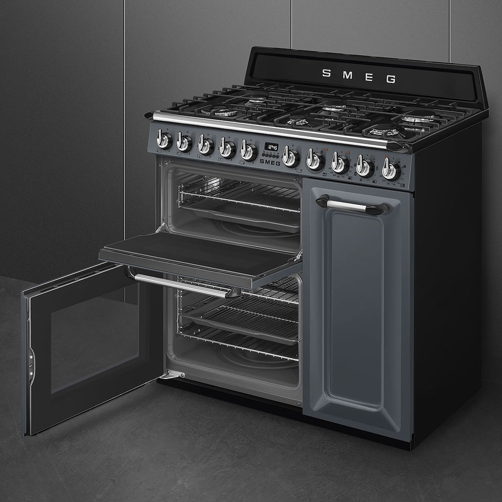 Smeg TR93GR 90cm Victoria Dual Fuel Range Cooker, Slate Grey